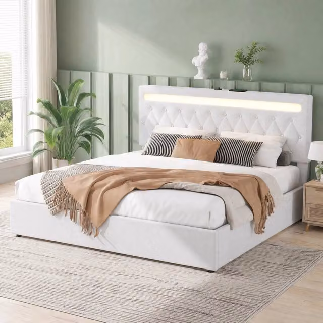 Letto imbottito MODFU bianco con contenitore, sollevamento idraulico, illuminazione LED e porta USB, L/P: 180 x 200 cm