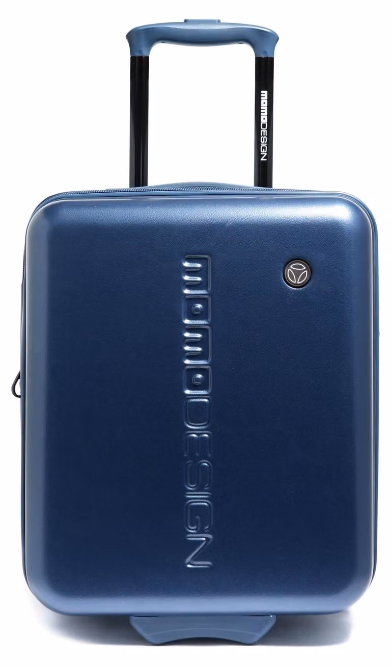 Valigia rigida da cabina, in ABS, colore blu, marca Momo Design, con manico telescopico