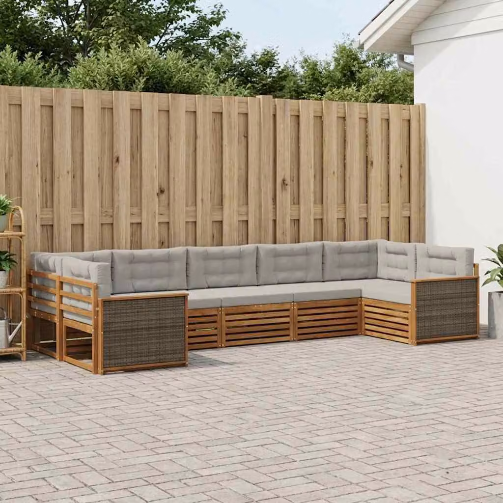 Set di divani da esterno vidaXL a forma di U in legno di acacia con cuscini, 7 pezzi, Marrone e Grigio