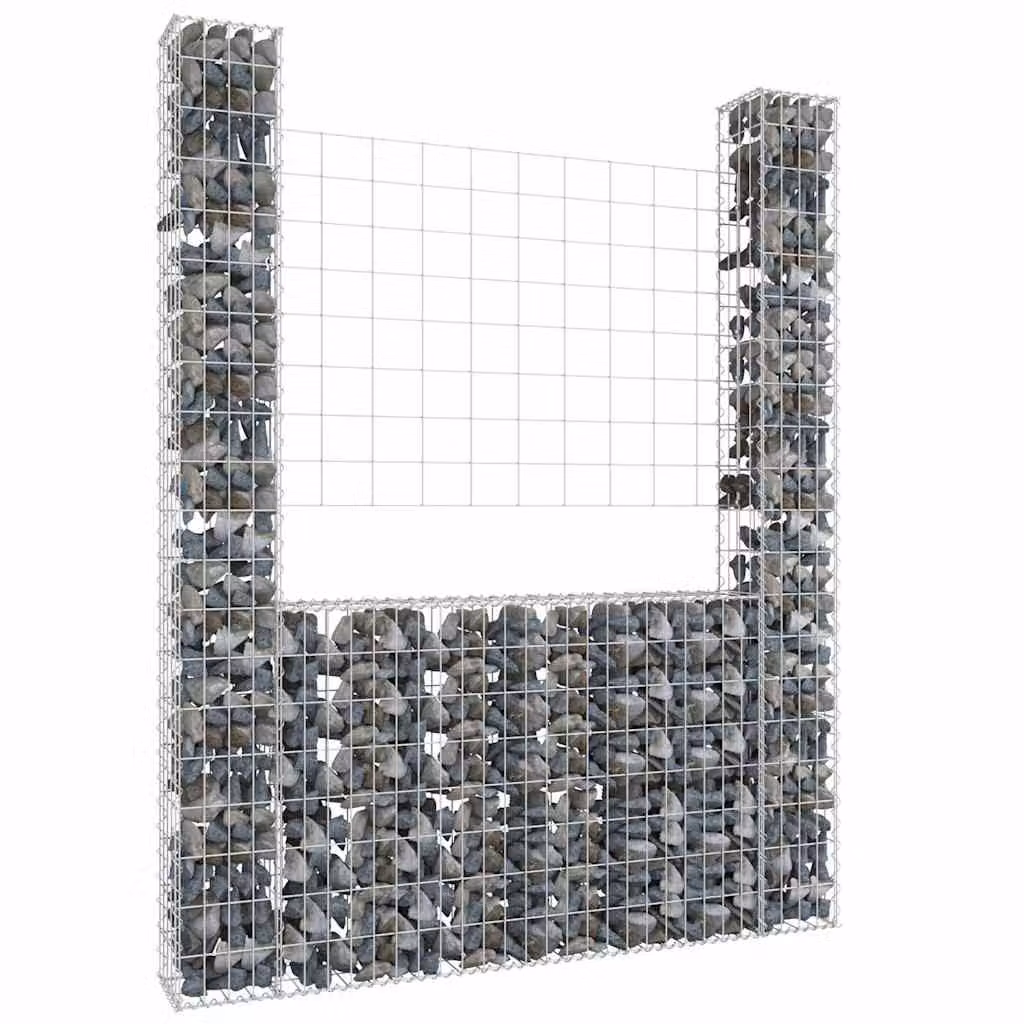 Gabbione a U con 2 pali in ferro vidaXL, colore grigio/argento, L 140 cm x P 20 cm x H 200 cm