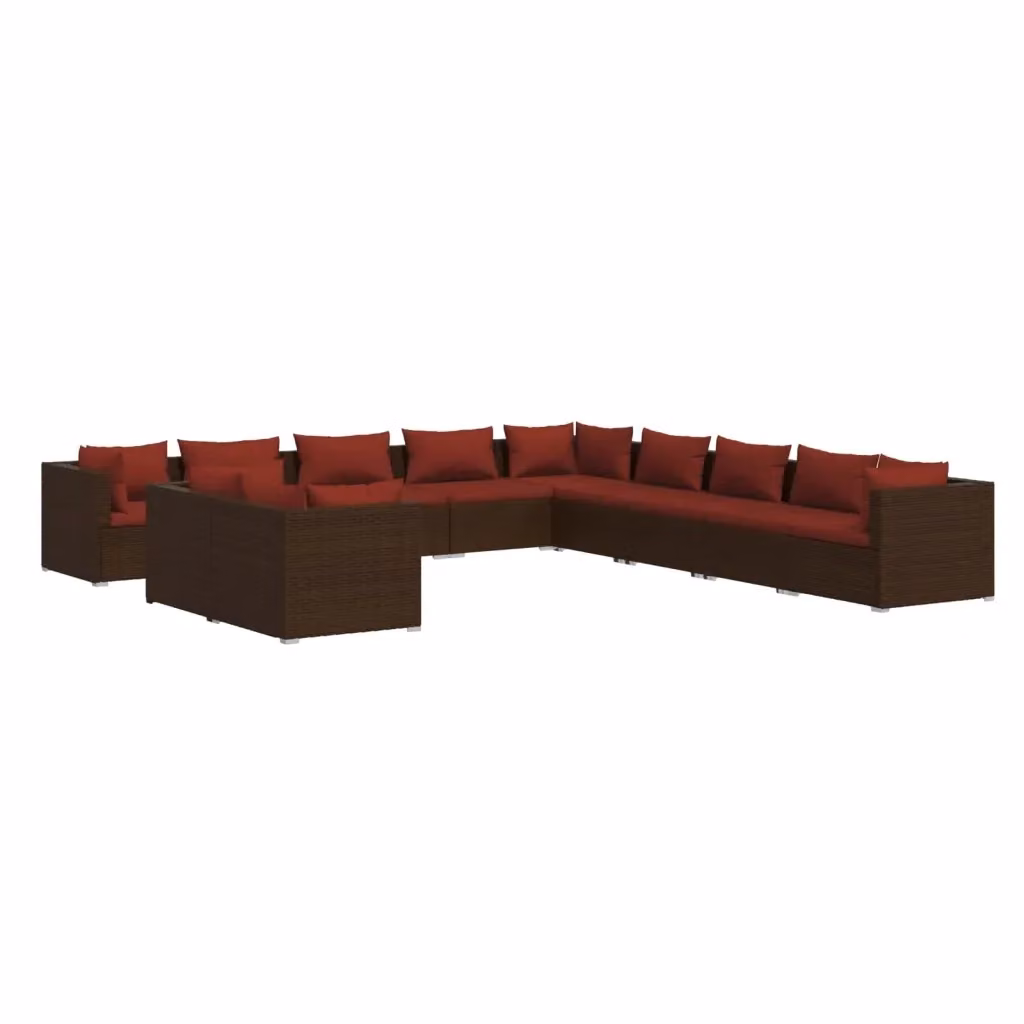 Set di Divani da Giardino a L vidaXL con 11 Pezzi, Struttura in Metallo e Polyrattan Marrone e Rosso con Cuscini Inclusi – 2
