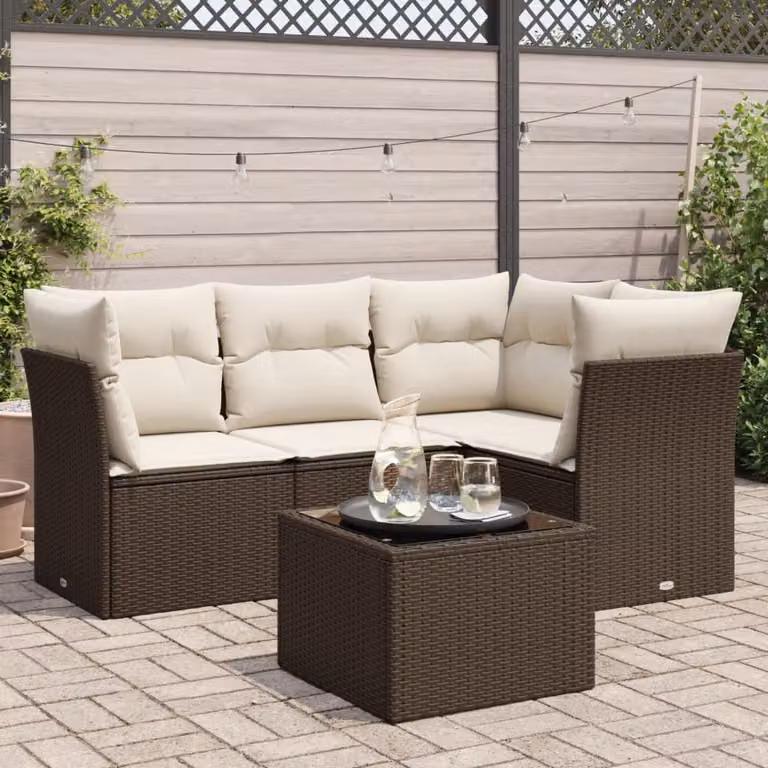 vidaXL Set Divano da Giardino 5 pz a L con Cuscini Marrone e Bianco in Polyrattan e Metallo