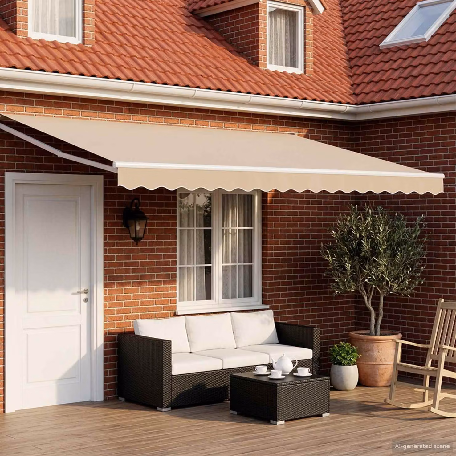Tettuccio elettrico retrattile vidaXL con bracci pieghevoli in alluminio e copertura in poliestere, beige e bianco, L: 4 m x P: 3 m