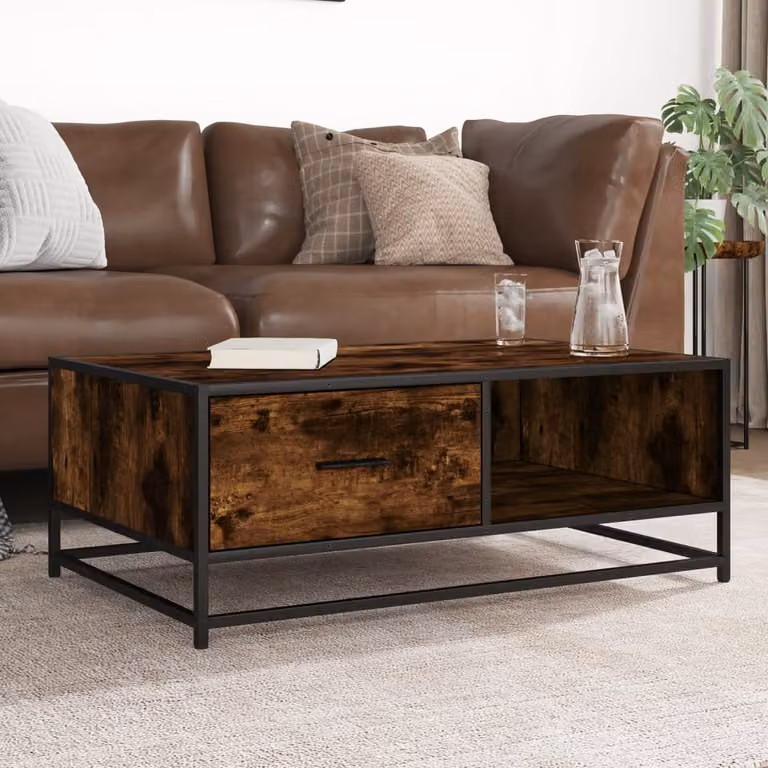 vidaXL Tavolino da soggiorno in stile industriale in legno rovere fumo e metallo, L 90 cm x P 57 cm x H 35 cm
