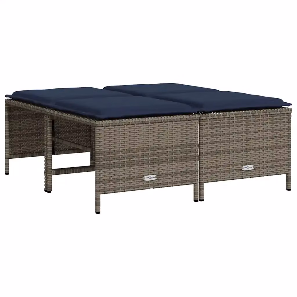 Set di 4 sgabelli da giardino vidaXL in polyrattan grigio con cuscini blu e coperture rimovibili