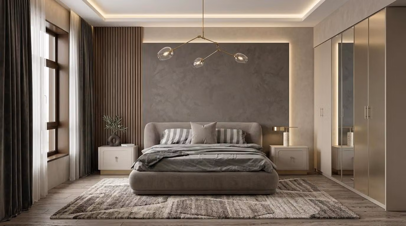 Due comodini, armadio guardaroba, stile moderno, grigio, confortevole