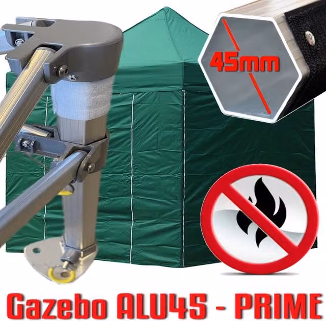 Gazebo 3x3 m verde certificato IGNIFUGO pieghevole alluminio piantone esagonale 45mm portatile estendibile richiudibile estensibile acciaio con laterali per fiere eventi stand chiosco tenda tendone mercato mercatino