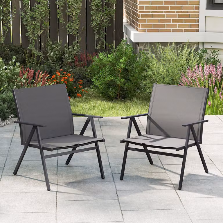 Set di 2 poltrone da esterno Costway in metallo e tessuto textilene grigio con braccioli per giardino e terrazzo