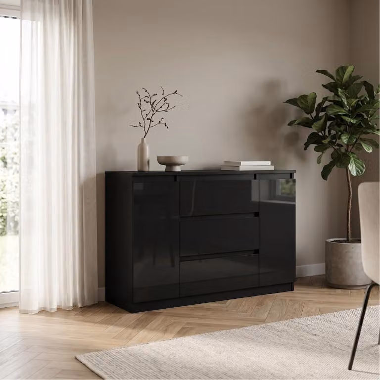 Comodà Masseno NUDO da 120 cm con 3 cassetti e 2 ante, per soggiorno o camera da letto, stile moderno, 120x39x78,5 cm, nero / nero