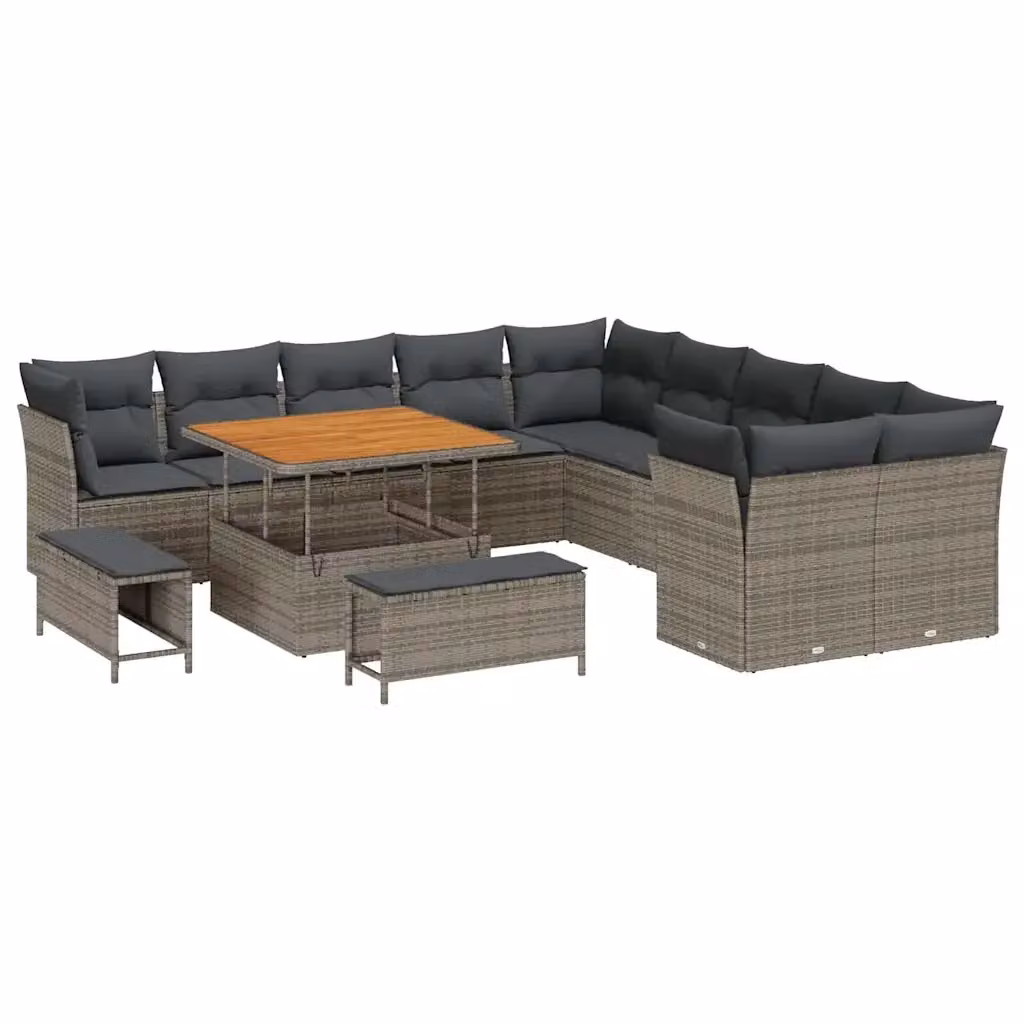 Set Divano da Giardino vidaXL a forma a U in Polyrattan Grigio con 13 Pezzi e Cuscini Inclusi – 2
