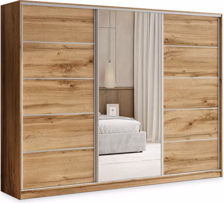 Armadio con ante scorrevoli Masseno PINA 270/205/58 cm Armadio con 4 cassetti Armadio per camera da letto a 3 ante con specchio Rovere Wotan