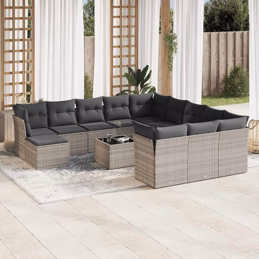 vidaXL Set Divani da Giardino a Forma a U in Polyrattan Grigio con Cuscini e Tavolino da 13 Pezzi