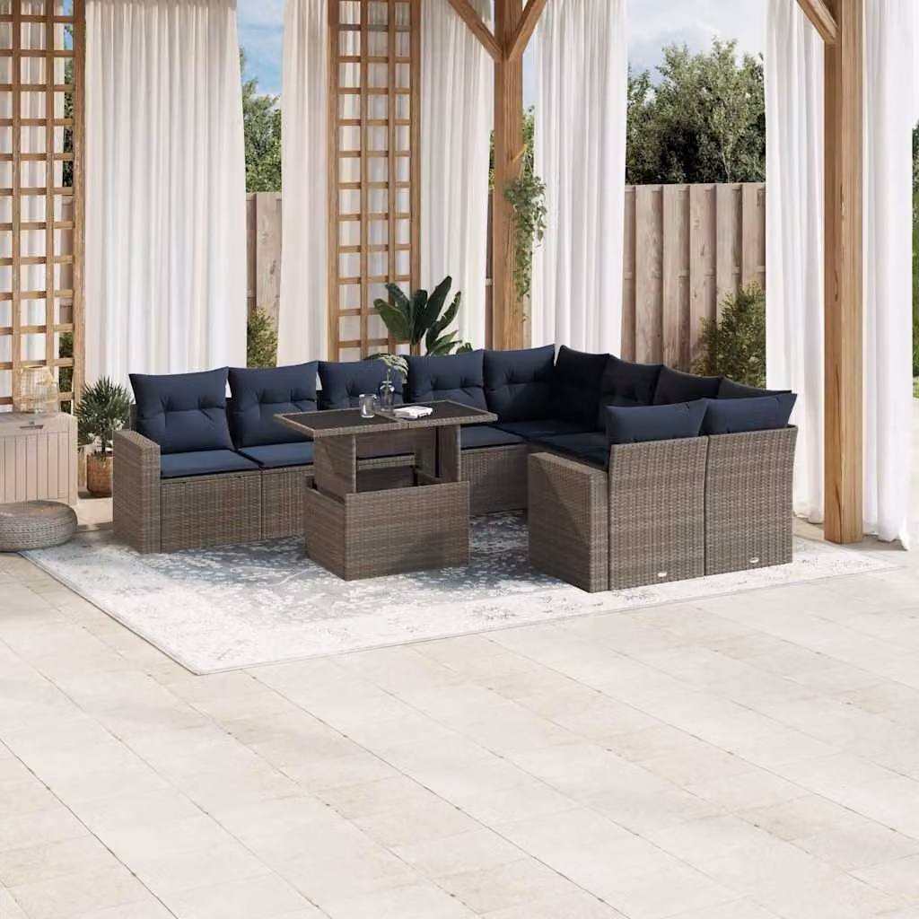 Set di divani da giardino vidaXL a forma di U in polyrattan con cuscini e tavolino da esterno, grigio e blu