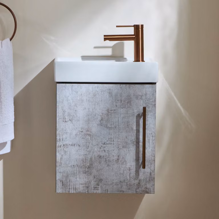 Mobile Bagno Grigio Cemento Sospeso da 400mm con Lavabo e Maniglia con Barra a T in Rame Satinato - Cluo