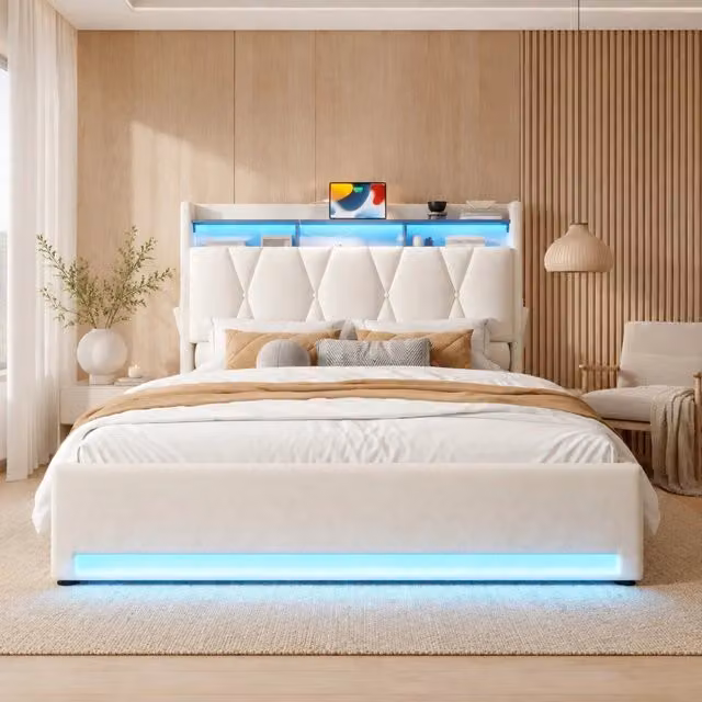 Letto matrimoniale 140x200 cm in velluto beige con LED; USB e portaoggetti nel testiera