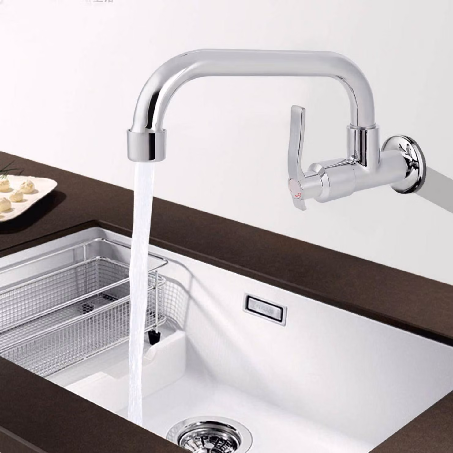 Rubinetto per lavello, solo acqua fredda, da montare a parete, attacco G1/2, 20 cm, girevole a 360°, acciaio inossidabile spazzolato