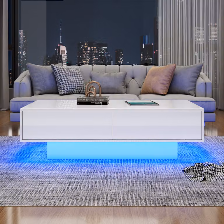 Abrihome tavolino con 2 cassetti e luci LED, tavolino da divano lucido, bianco
