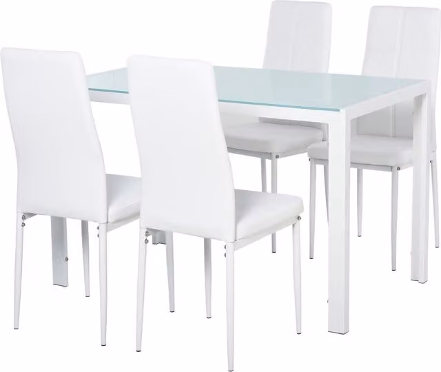 EasyComfort Set 5 Pezzi con 1 Tavolo e 4 Sedie per Cucina o Sala da Pranzo in Finta Pelle, Metallo e Vetro Temperato, Bianco