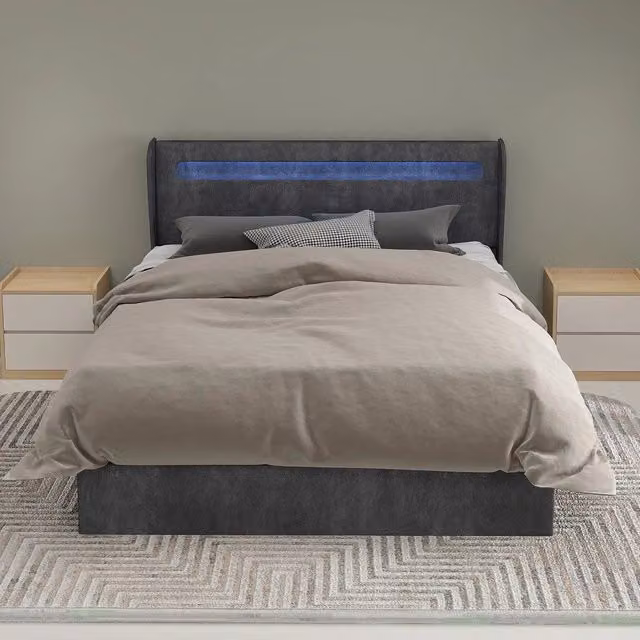 Letto imbottito contenitore con testiera LED ¨C Minimal ¨C grigio tessuto 140x200 cm