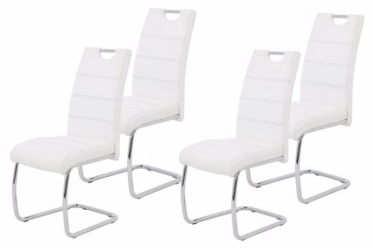 Hela Tische, set di 4 sedie per sala da pranzo a sbalzo Flora - rivestimento in Similcuoio bianca - struttura in metallo a tubo tondo cromato - portata 120 kg - schienale con maniglia