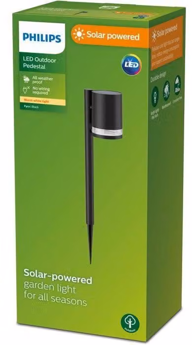 Lampada solare da esterno, Philips Fyce, palo nero, lampada da giardino da inserire nel terreno