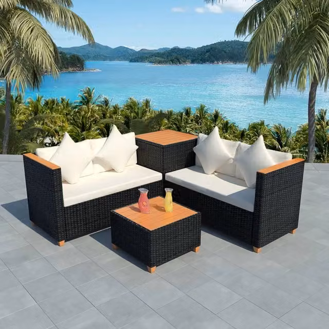 Set Divani da Giardino 4 pz con Cuscini in Polyrattan Nero 43003