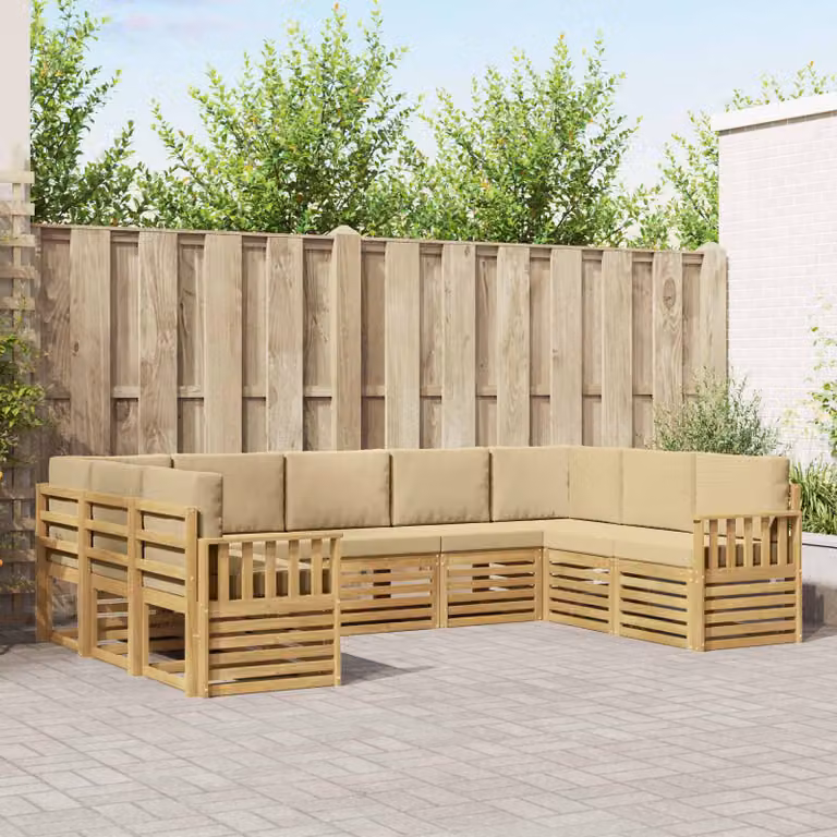 Set di divani da esterno vidaXL 7 pz a forma di L in legno di acacia con cuscini bianchi e beige