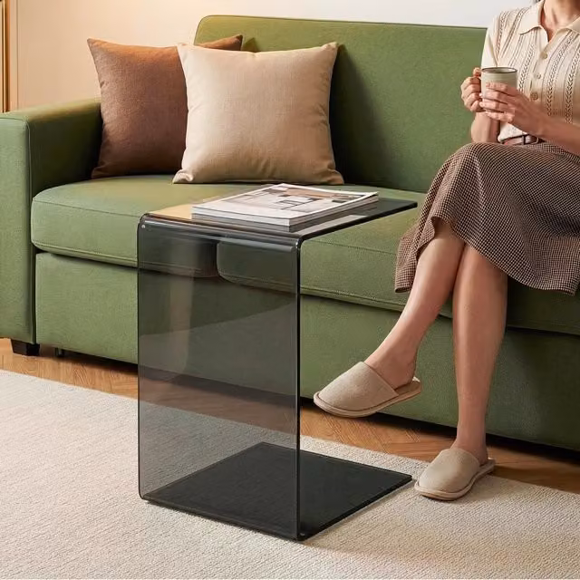 Tavolino Laterale Trölmapilu en.casa a Forma di C in Vetro Grigio L/P/H: 60 x 40 x 40 cm