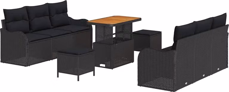 Set Divano da Giardino con cuscino 9 pcs Nero polyrattan