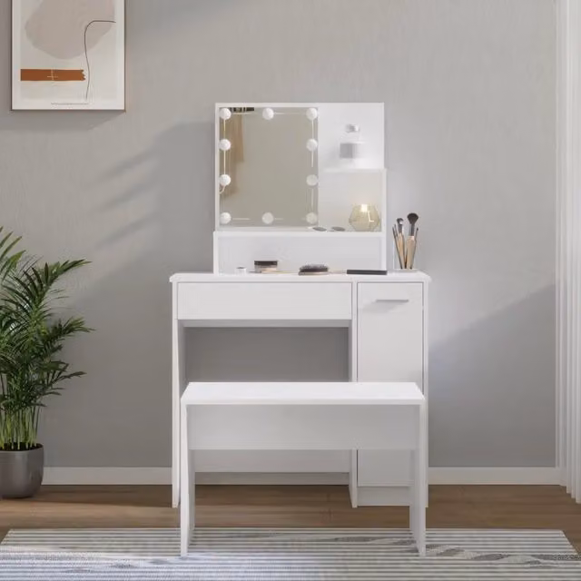 Set da Toeletta Moderno vidaXL Bianco con LED in Legno Laccato L: 136 cm, P: 35 cm, H: 86,5 cm – 1