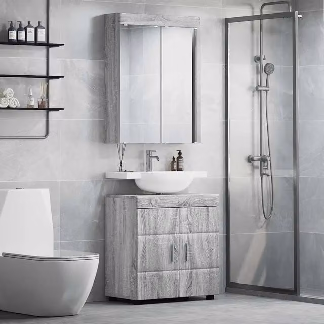 Set di mobili da bagno moderno vidaXL composto da mobile lavabo e armadietto con specchio con illuminazione LED, colore grigio e argento, montaggio a parete. L/P/H: 60,0 x 34,0 x 63,0 cm