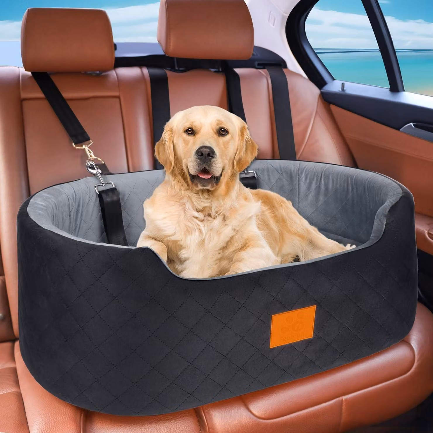 Seggiolino per cani per auto, adatto a cani di taglia grande/media fino a 25 kg, con guinzaglio di sicurezza, cuscino lavabile, da posizionare sul sedile posteriore, colore nero/grigio, dimensioni 80x50x28 cm
