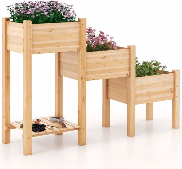 Aiuola da giardino rialzata a 3 livelli in legno marrone per orto e piante ornamentali con fori di drenaggio
