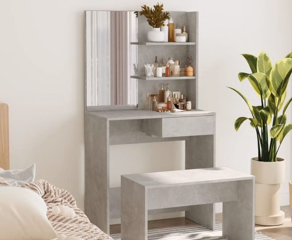 The Living Store Comodino con specchio grigio cemento 74,5x40x141 cm