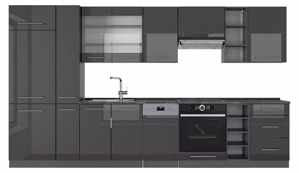 Cucina componibile Vicco Fame-Line Antracite lucido 355 cm senza piano di lavoro, Model 56731