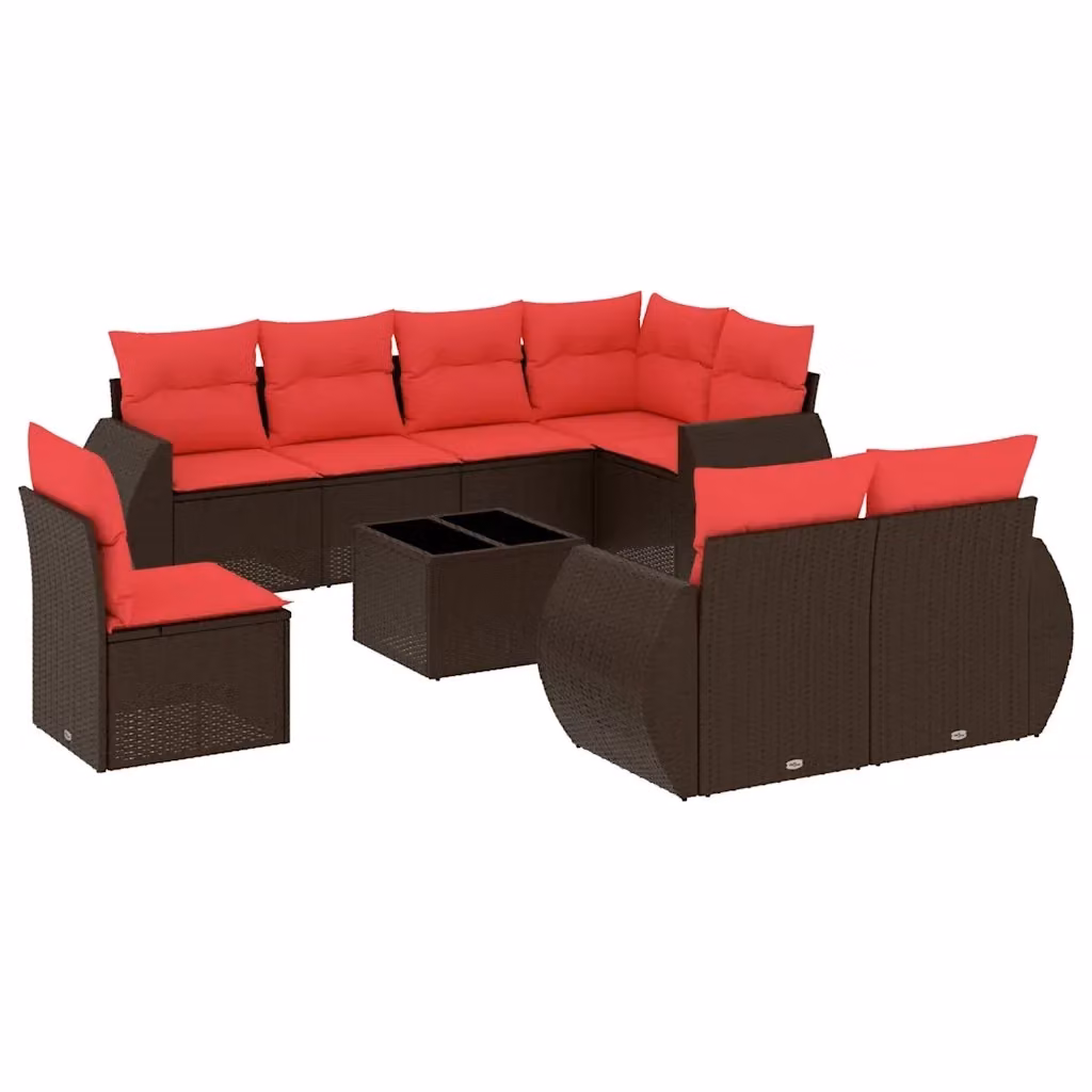 Set di divani da giardino vidaXL in polyrattan marrone con cuscini e tavolino da esterno a forma di L composto da 9 pezzi – 2
