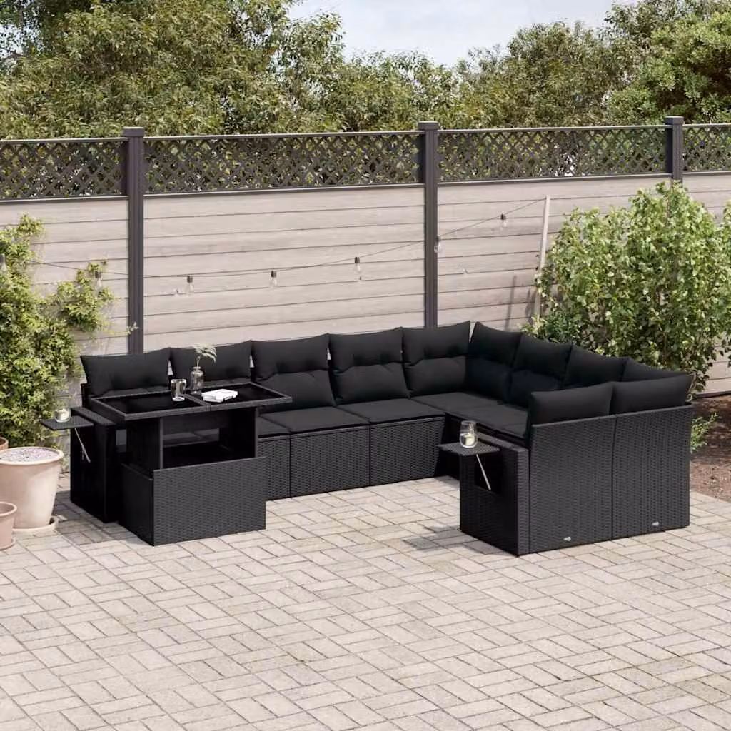vidaXL Set Divani da Giardino 10 Pezzi in Polyrattan Nero con Cuscini e Tavolino da Esterno – 1