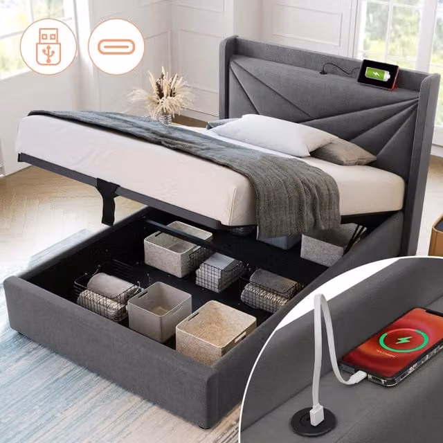Letto contenitore singolo OKWISH in tessuto grigio con testiera imbottita, porte USB e tipo C, L/P/H: 90 x 200 x 107 cm