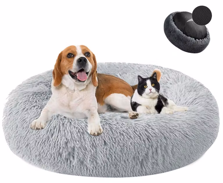Cuccia per cani a forma di ciambella, in peluche, lavabile, grigia, diametro 100 cm