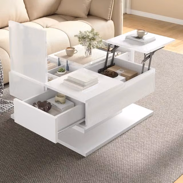 Tavolino da caffè multifunzione 72x72 cm con piano elevabile; LED e cassetti bianco