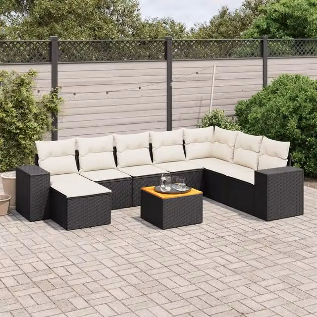 Set Divani da Giardino 9 pz con Cuscini Nero in Polyrattan 3225580