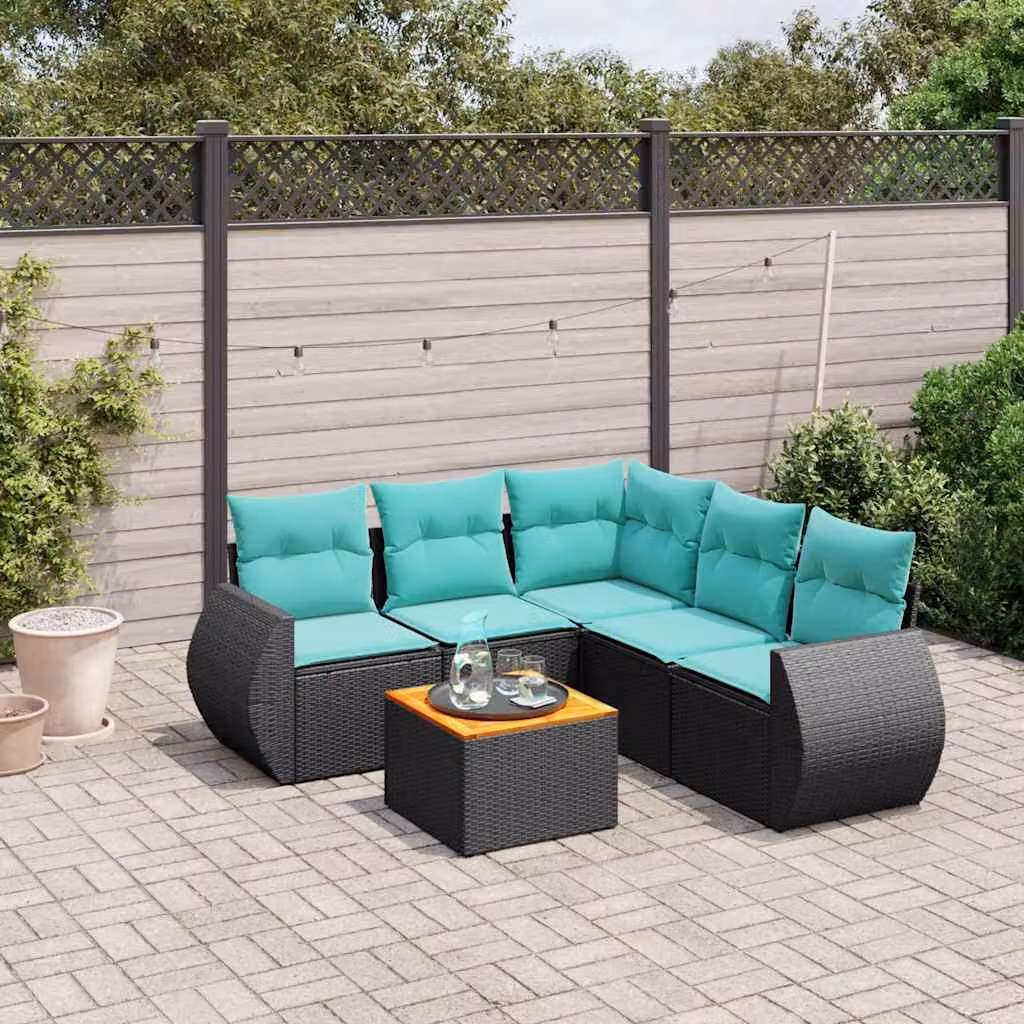 Set di divani da giardino vidaXL in polyrattan nero con cuscini e tavolino da esterno a forma di L