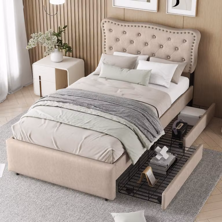 Letto imbottito Merax 90 × 200 cm, letto piano con 2 cassetti, testata con rivetti decorativi, letto per bambini, letto per ragazzi, letto singolo, biancheria, marrone
