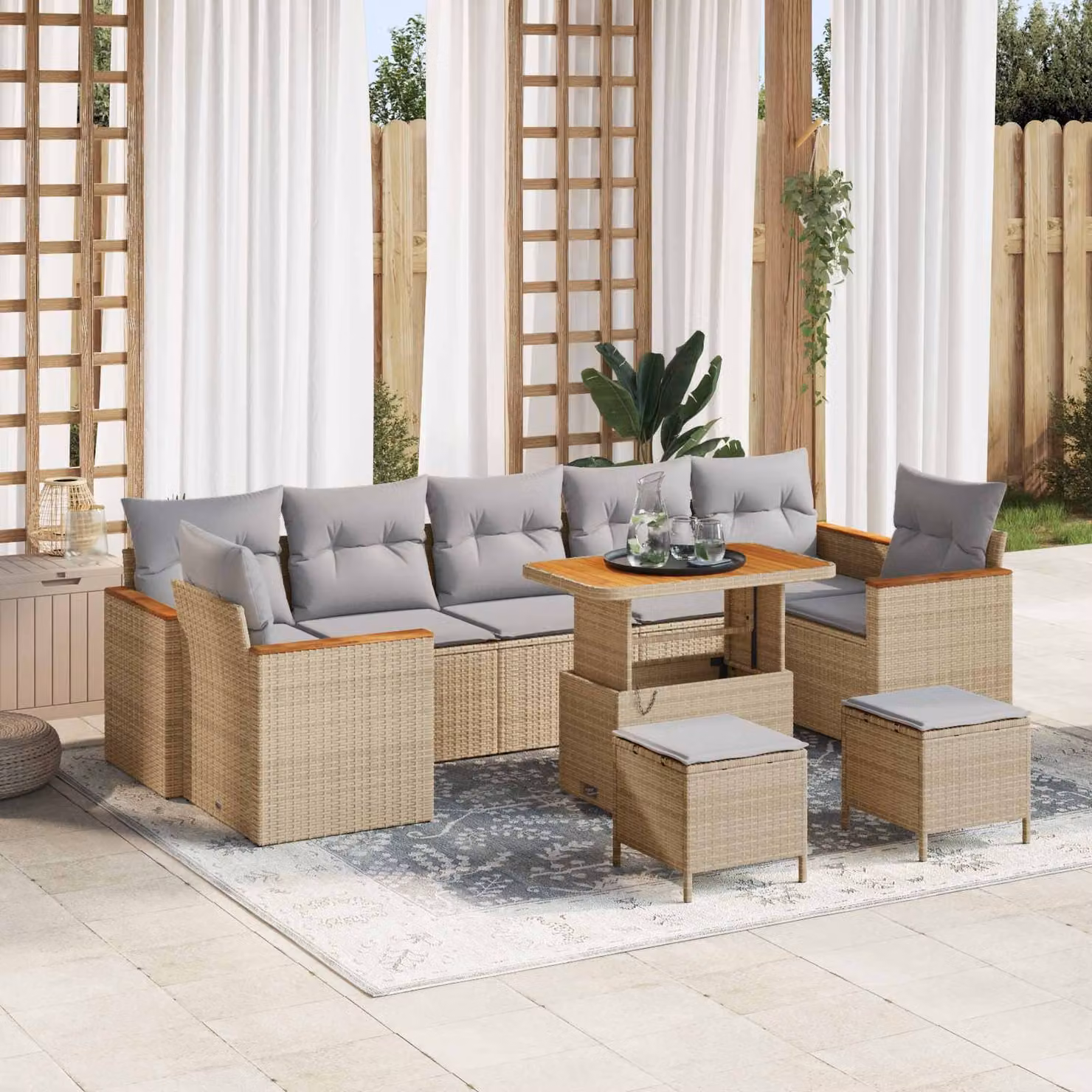 Set Divano da Giardino vidaXL 10 Pezzi in Polyrattan Beige con Cuscini e Tavolino – 1