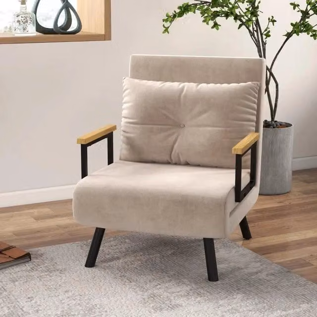 POLTRONA LETTO 3 IN 1 CON SCHIENALE RECLINABILE E CUSCINO, IN TESSUTO EFFETTO VELLUTO, 63X73X81 CM, BEIGE