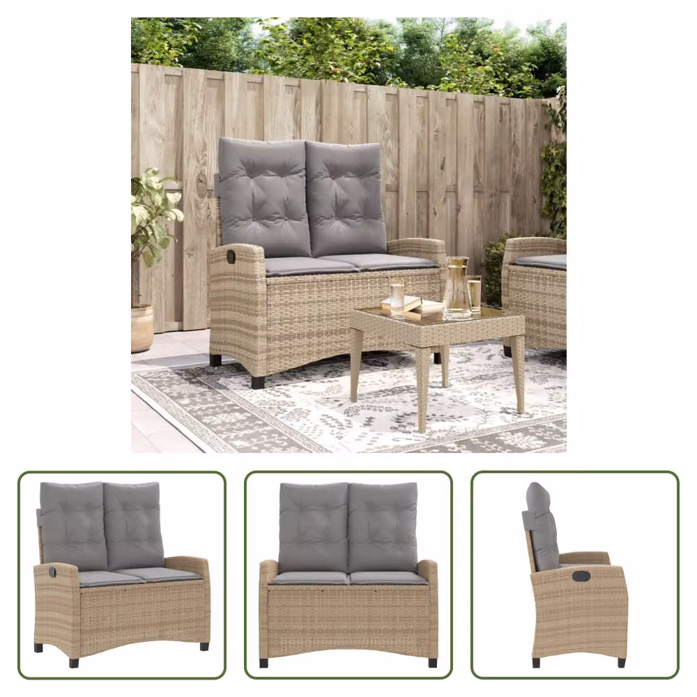 The Living Store Panca da giardino regolabile con cuscino Beige Poly Rattan