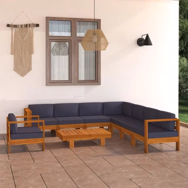 Set Divani da Giardino vidaXL a 9 Posti in Legno di Acacia con Cuscini Grigi e Tavolino da Esterno