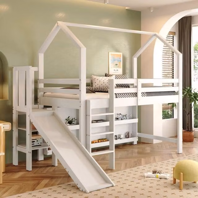 Letto Bambini con Scivolo, Scala e Ripiano ¨C MINIMAL ¨C Massello Bianco 90x200