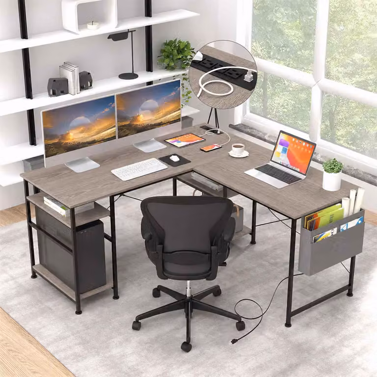 Scrivania angolare a forma di L con prese di corrente e USB, dimensioni 140x140 cm, con tasca e ganci, scrivania per ufficio domestico, colore grigio