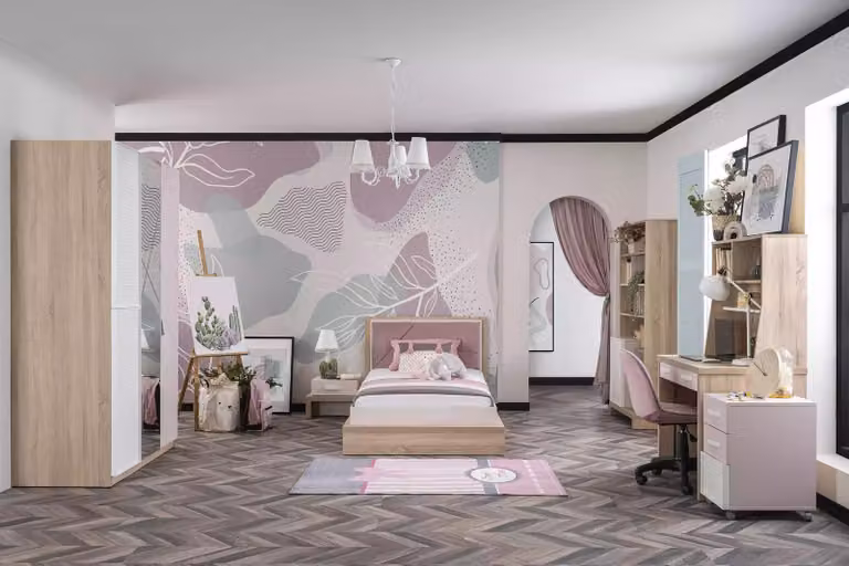 Garnitur Kinderbett Kinderzimmer Bett Holz Rosa Kindermöbel Set 8tlg